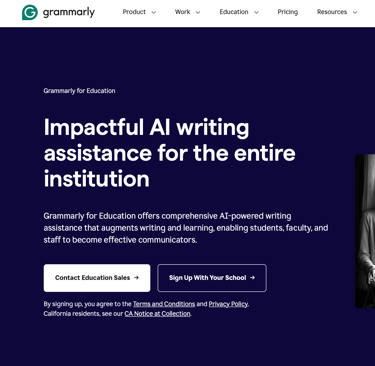 Screenshot of grammarly for education page
