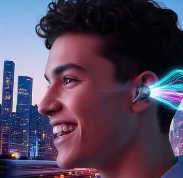 um homem com fones de ouvido e um fone de ouvido Bluetooth