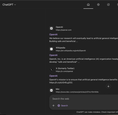 ChatGPT Atlas browser homepage showing search bar with AI suggestions and web browsing interface