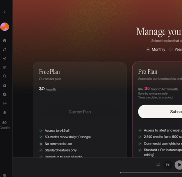 suno ai page for blackf riday discount 2025 with a menu item in the bottom right corner