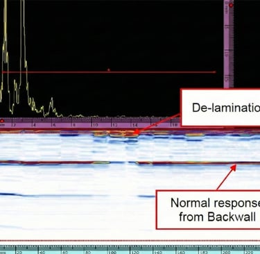 Ultrasonic results showing delamination in solid carbon fibre laminate