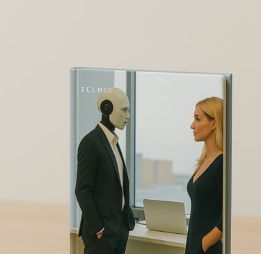 A book with a man in a suit and tie talking about AI