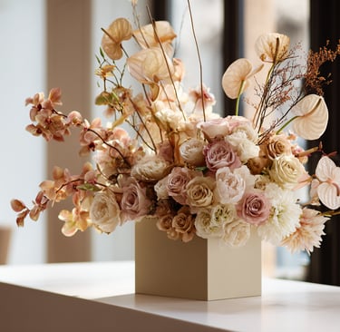 Elegant floral centerpiece with blush roses and orchids in a modern square vase on a marble table.