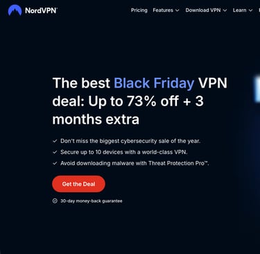 Nord vpn Black Friday 2025 discount and a person holding a cell phone with the best black friday vpn