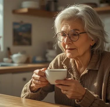 Ältere Frau genießt morgens Kaffee an einem Holztisch, umgeben von vertrauten und Geborgenheit für Menschen mit Demenz