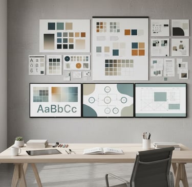 Modern, creative branding studio workspace with mood boards displaying color palettes, typography sa