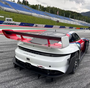 an Enlab white Porsche sports car with a red and white stripes