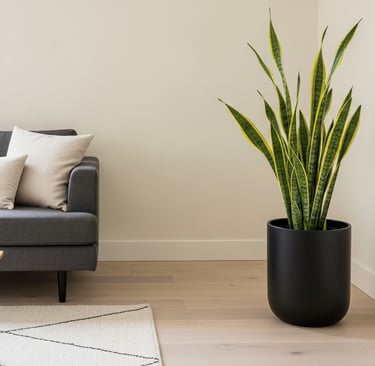 Planta de Sansevieria alta usada como elemento escultural en un salón minimalista.