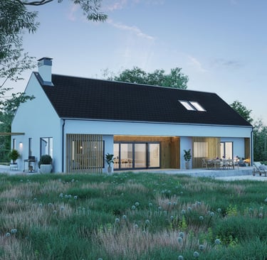 3D rendering of modern house with dark roof, white exterior, large glass doors, wood accents, and lush lawn.