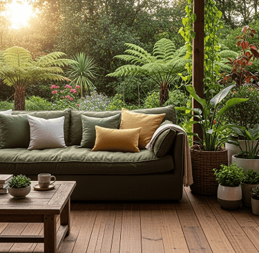 Deck de madeira com sofá acolchoado, rodeado por plantas em vasos e jardim verdejante.