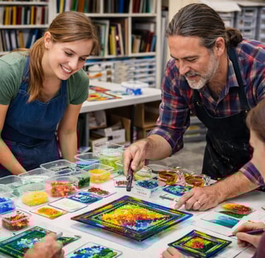 Instructors teaching students in a fused glass class