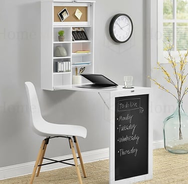 a foldable desk with a chalkboard writing on it