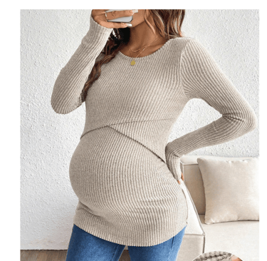 Solid color ribbed knit nursing long sleeve shirt, maternity/pumping friendly autumn winter top