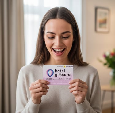 Een vrouw die een hotel gift card heeft gekregen