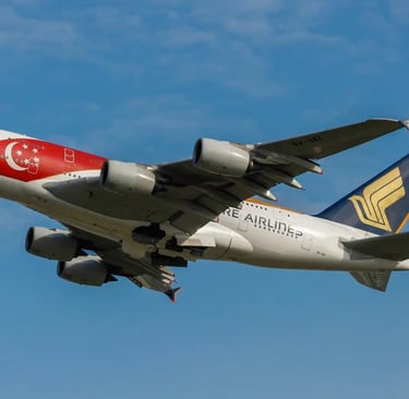 Singapore Airlines A380 taking off against blue sky.