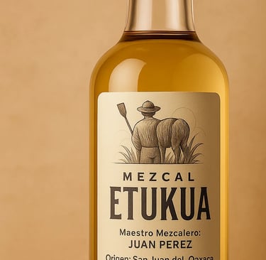 Close-up de la etiqueta de una botella de Etukua donde se lee claramente el nombre del maestro mezca