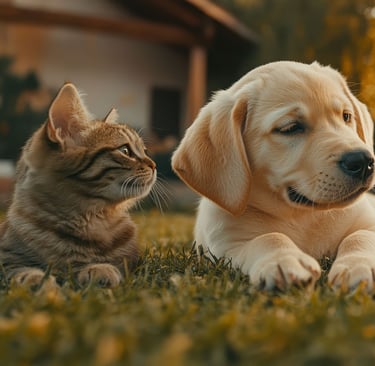 a dog and a cat are laying on the grass
