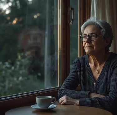 Angehörige einer Person mit Demenz in ruhigem Moment der Selbstreflexion über Schuldgefühle und Selbstfürsorge