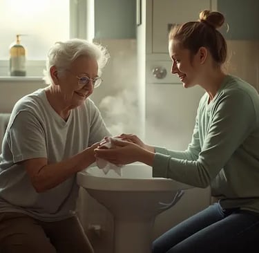 Eine Angehörige wäscht den Arm einer älteren Person mit einem warmen Waschlappen am Waschbecken und würdevolle Atmosphäre