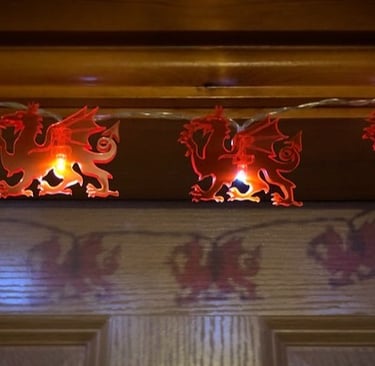 Red dragon lights projecting red dragon shadows behind