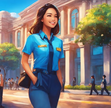 a japanese woman in uniform uniform standing in front of a building