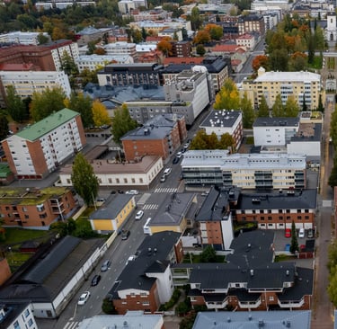 Drone aerial scenery of the city of Kuopio eastern finland Europe. Skyline and street view of the town