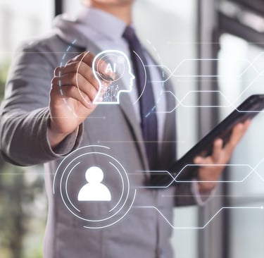 Geschäftsperson mit Tablet bedient virtuelle KI- und Technologie-Icons.