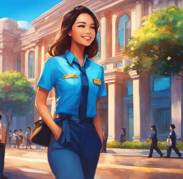 a japanese woman in uniform uniform standing in front of a building