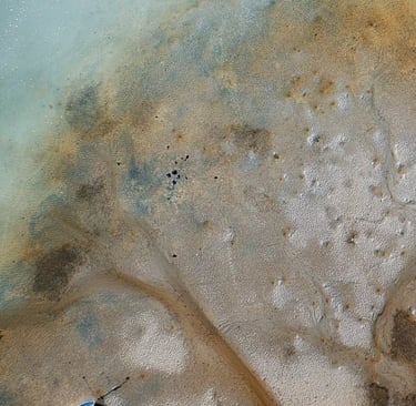Aerial view of a boat on a coastal landscape in Mauritius