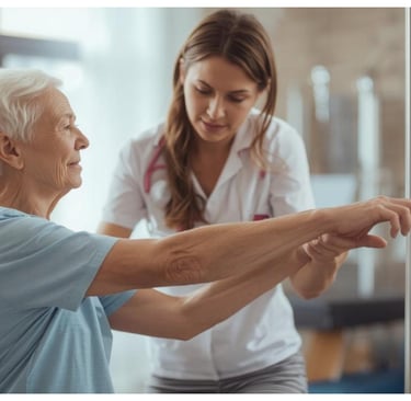 Physiotherapist helping an elderly woman with arm exercises.