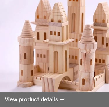 Wooden building block castle toy arranged on a neutral background