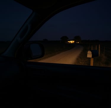 night view from 4WD window showing mailbox, fence, and lit homestead in rural Western Australia
