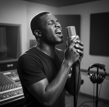 a man singing into a microphone in a recording studio.