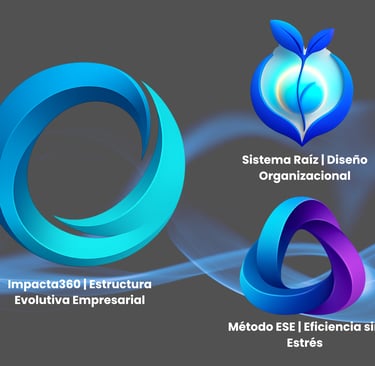 mpacta360, Sistema Raíz y Método ESE que simbolizan evolución empresarial, diseño organizacional, eficiencia sostenible