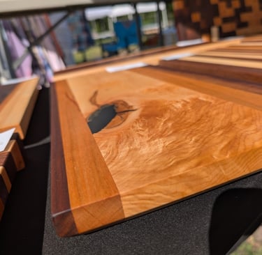 serving and charcuterie boards made from salvaged wood with inlays