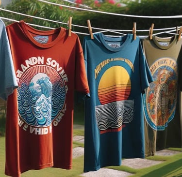 a bunch of t - shirts hanging on a clothes line