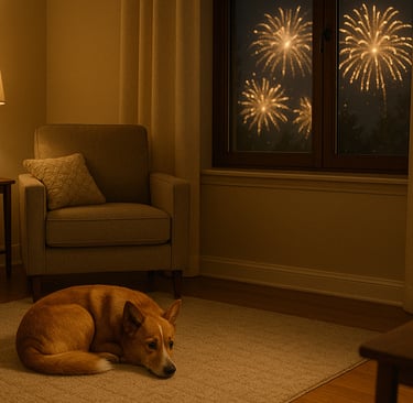 Dog feeling anxious while fireworks are outside.
