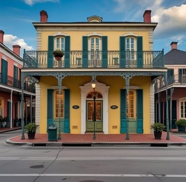 a yellow and green building with a balcony