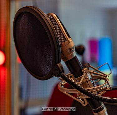 Mikrofon mit Popschutz - Detailaufnahme in der Aufnahmekabine vom Hörbuch Tonstudio Berlin