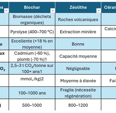 Tableau comparatif des matériaux : Biochar, Zéolithe et Céramiques Poreuses