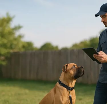 Perito evaluando la conducta de un perro en el patio trasero de su casa