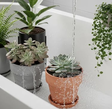 Plantas en la bañera recibiendo un riego profundo y drenando el agua.