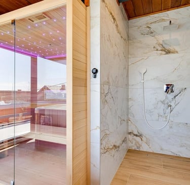 a bathroom with a shower and a sauna