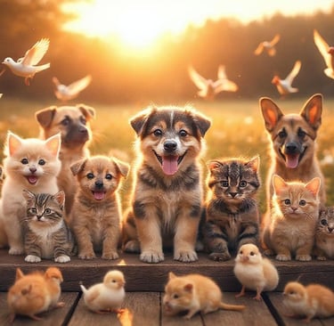 Cachorros, gatos, pássaros, coelhos e outros bichos postando para foto representando os Pets de Deus