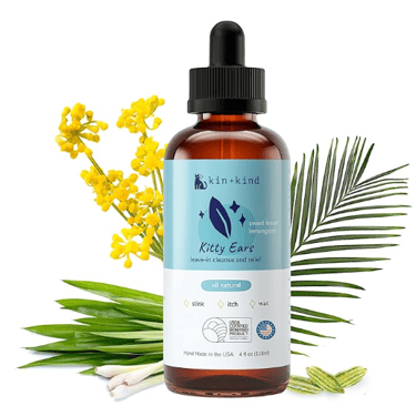 kin+kind non-toxic cat ear cleaner with organic fennel and lemongrass for wax removal.