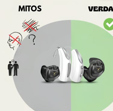 Mitos e verdades sobre aparelhos auditivos modernos ilustrados com ícones e dispositivos