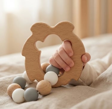 Eco-vriendelijke houten bijtring in leeuwenvorm die het tandvlees van je baby op natuurlijke wijze v