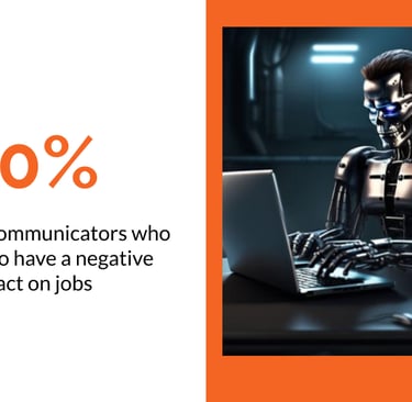 A robot looking at a keyboard with statistic about PR people losing jobs to AI