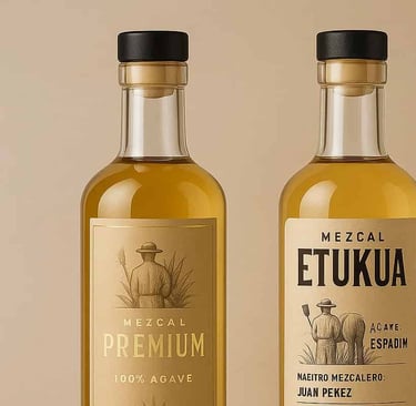 Dos botellas de mezcal side-by-side: una con empaque lujoso pero etiqueta vaga, otra con diseño simp