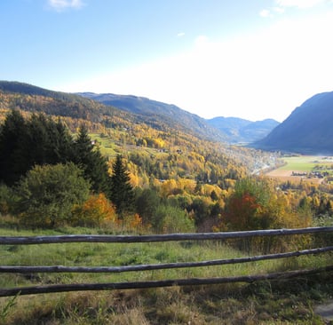 A wooden fence with mountains and a valley in the distance